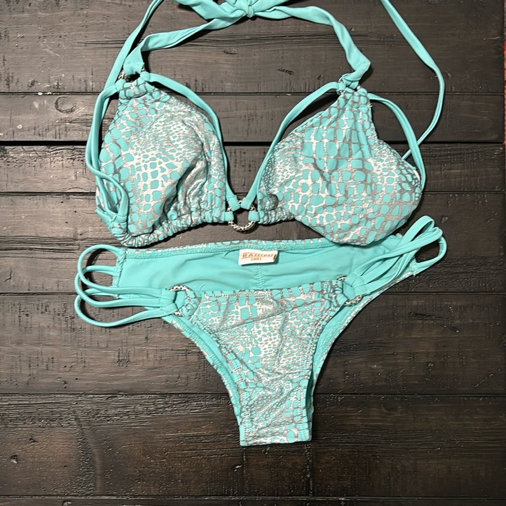 Aqua Metallic Snake-Print Triangle Bikini Set